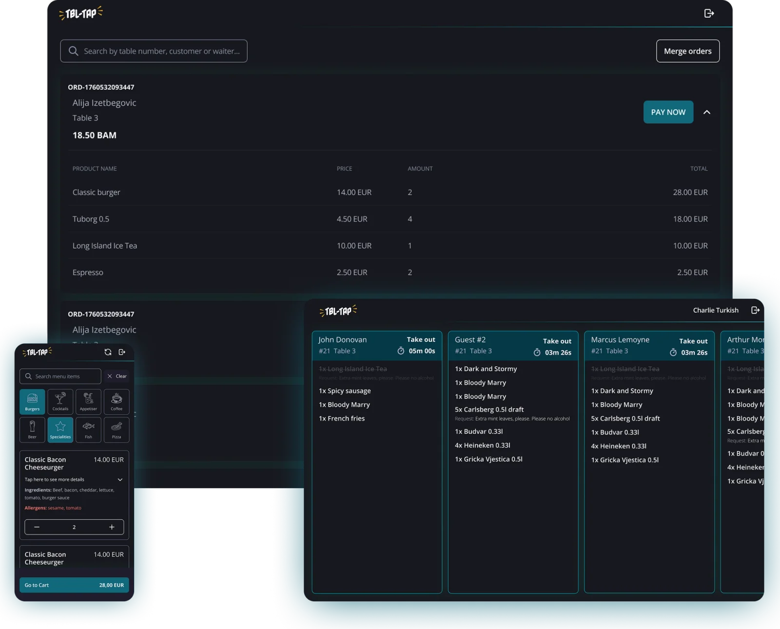 TableTap restaurant operations interface, showing the server order management view, live kitchen tickets, and the guest-side mobile menu